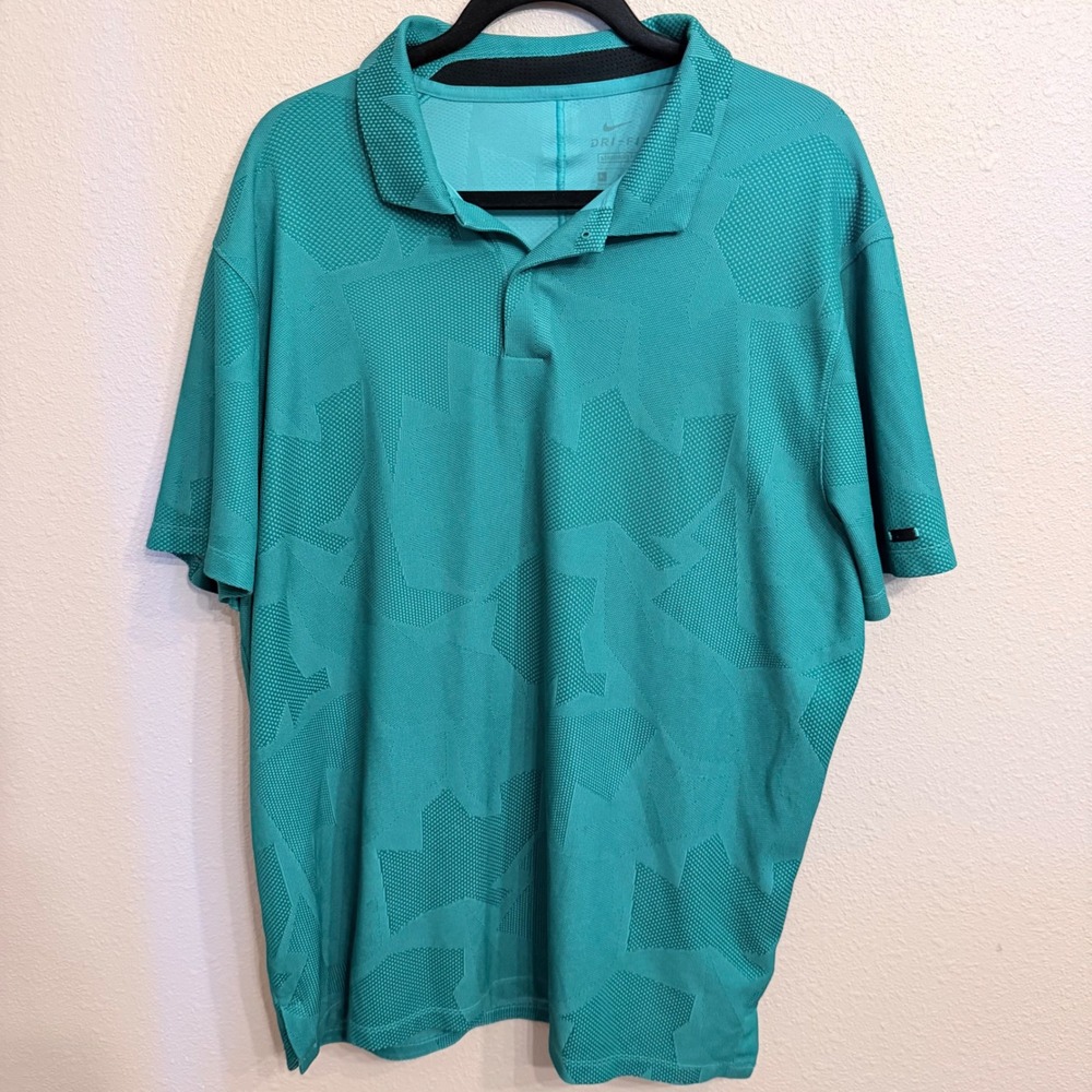 Nike Tiger Woods Dri-FIT Golf Polo Shirt Mens XL Teal Green Geometric Jacquard